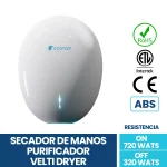 Secador de Manos Industrial para baños velti dryer blanco, velti dryer, secador de manos purificador